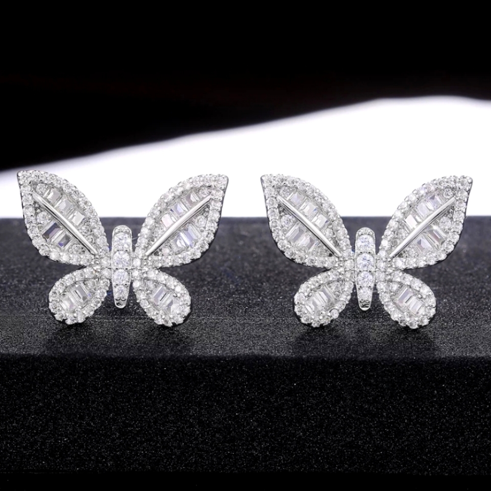 New Silver 925 Butterfly Diamond Earrings - Picture 2 of 3